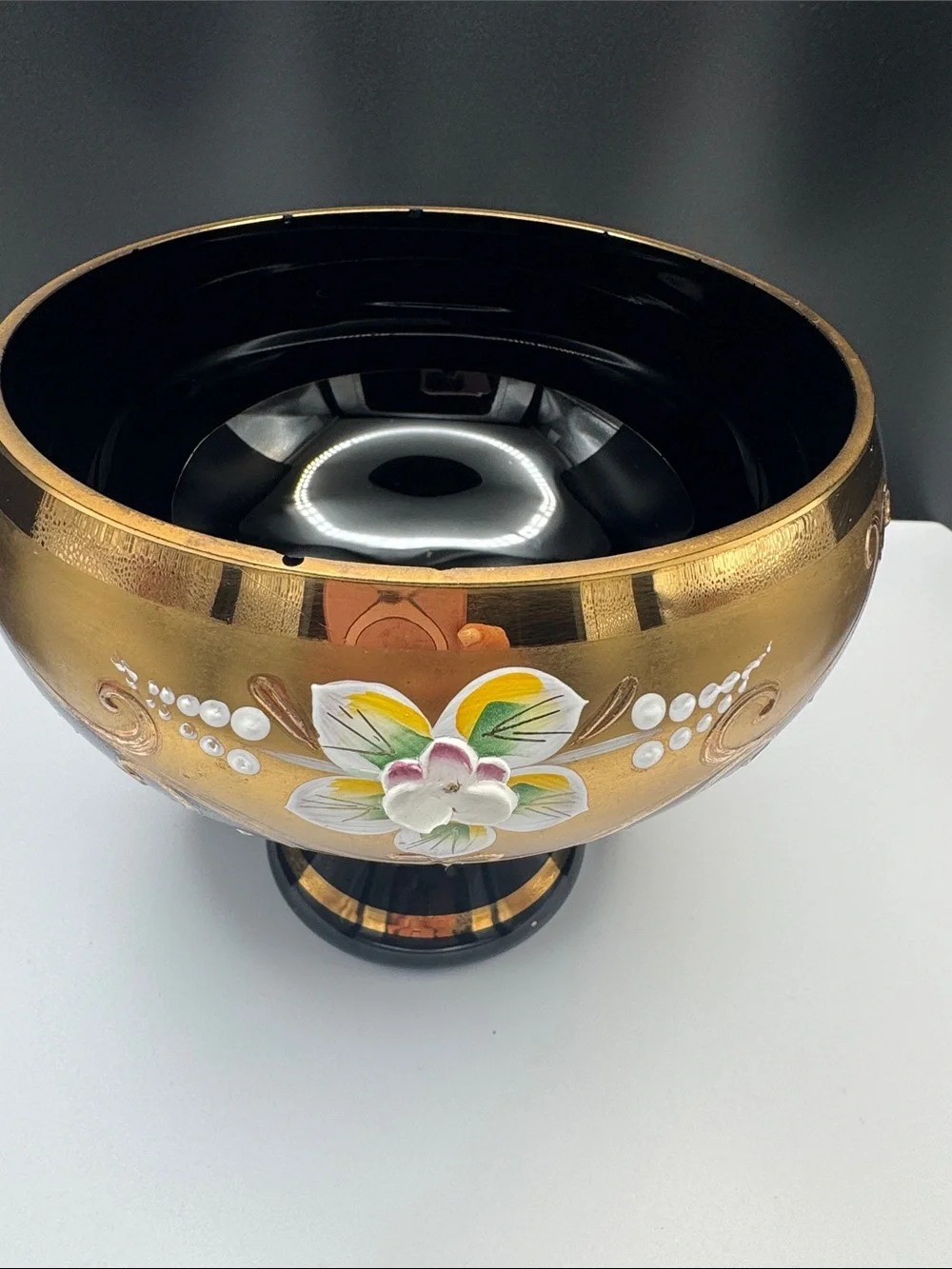 Decorative Black and Gold candy,cookie, Bowl with Hand-Painted Floral Accent